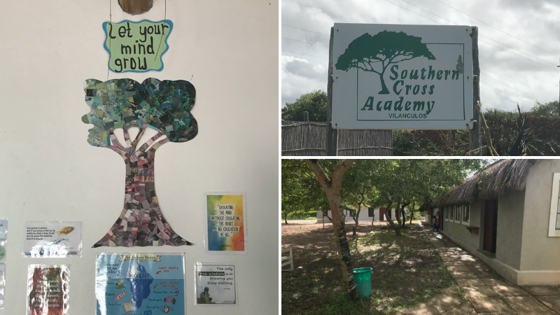 Photos of Southern Cross Academy sign, a tree with the words 'let your mind grow', and trees outside one of the classrooms