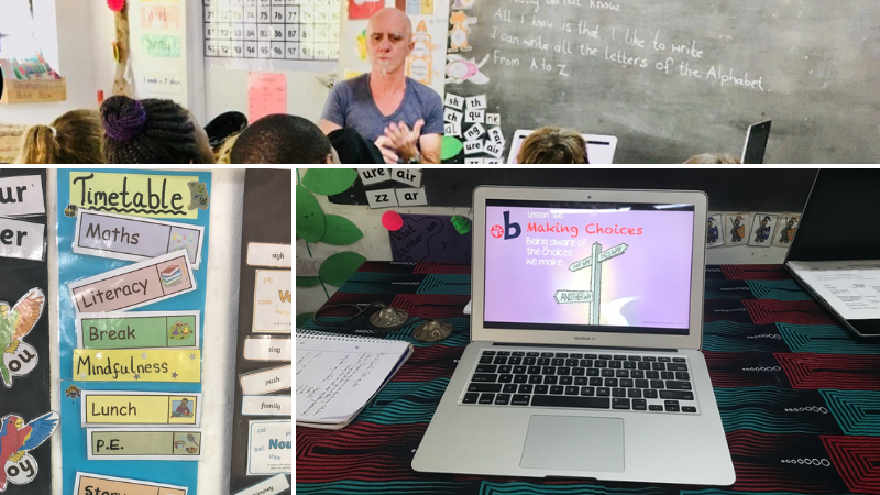 Photo of Gerry delivering Paws b to classroom of pupils, a board showing the list of classes that day including 'mindfulness', and a laptop showing the beginning of Paws b lesson two