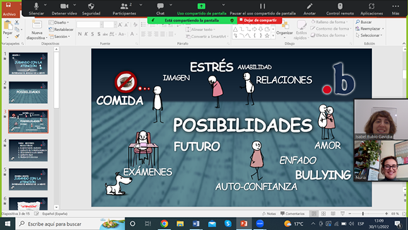 A screenshot of a shared screen on Zoom with two women - Nuria and Isabel - appearing to the right of a Powerpoint with a MiSP lesson in Spanish
